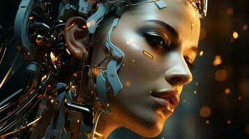 Connection of human woman and artificial intelligence robot. The concept of merging a person and a computer with neural networks in the future. AI generated photo