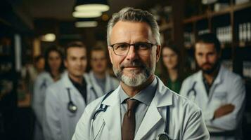 Old male doctor in a white coat in a hospital, medicine and healthcare concept photo