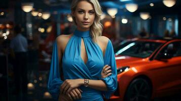 Beautiful woman manager in a car dealership car seller photo