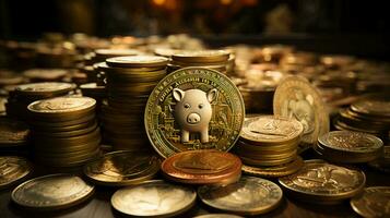 Piggy bank on coins. Concept of finance economy investment and accumulation of money photo