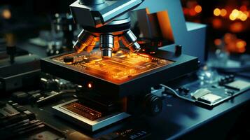 High tech futuristic digital microscope in scientific or medical laboratory for research photo