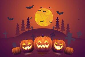 Halloween night background with zombie walking and witch character vector