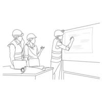 Line art of multiethnic architects discuss construction plans in the meeting room vector