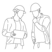 Line art of architect-engineer discusses construction project vector