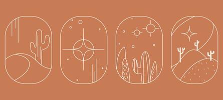 Boho landscape logos set in trendy minimal style. landscape, cactus, arcs and windows design templates, geometric abstract design elements for decoration. vector