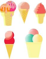 Set of cute strawberry flavored ice cream drawings vector illustration.