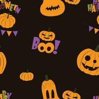 Halloween vector seamless pattern with carved pumpkins on a dark background