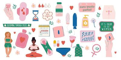 femenino higiene productos colección mano dibujado estilo y letras. menstruación período mujer. hembra caracteres vector