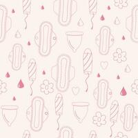 Seamless pattern pink outline  menstruation period woman pad, tampon, menstrual cup vector