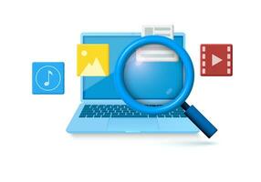 Search video images and documents using a magnifier on a laptop. Vector realistic 3d illustration.