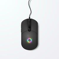 Realistic black computer mouse with colorful neon glowing circle isolated on a light background. vector