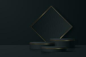 A group of podiums with golden lines on a dark background with a geometric square figure. vector