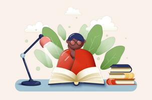 Character with glasses reading a big book next to a stack of books. Plants and clouds background. Vector illustration.