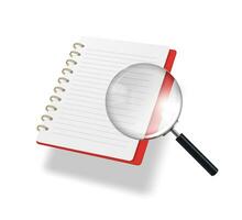 Searching for business information and documents with a magnifying glass in a notepad. Vector 3d illustration.