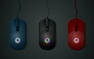 Collection of three realistic multi-colored computer mice on a dark background. vector