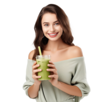 Woman with glass of smoothie in her hand png