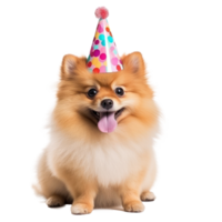 Fluffy dog with birthday cap isolated png