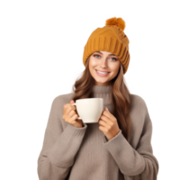 contento donna nel a maglia cappello con tazza di caldo tè png