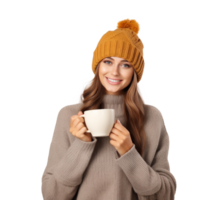 Happy woman in knitted hat with cup of hot tea png