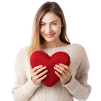 Happy young woman wigth knitted heart in hands png