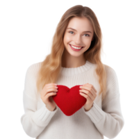 feliz jovem mulher peruca tricotado coração dentro mãos png