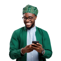 African man holding mobile phone png