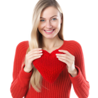 Happy young woman wigth knitted heart in hands png