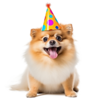 Fluffy dog with birthday cap isolated png