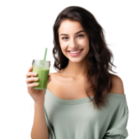 Woman with glass of smoothie in her hand png
