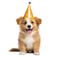 Fluffy dog with birthday cap isolated png