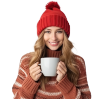 Happy woman in knitted hat with cup of hot tea png