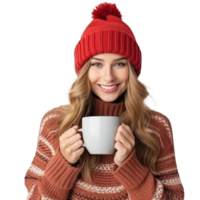 contento donna nel a maglia cappello con tazza di caldo tè png