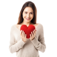 Happy young woman wigth knitted heart in hands png