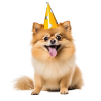 Fluffy dog with birthday cap isolated png