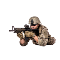 Military soldier kneeling aiming a gun isolated png