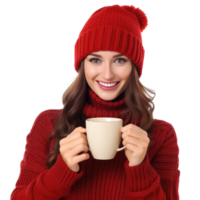 Happy woman in knitted hat with cup of hot tea png