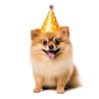 Fluffy dog with birthday cap isolated png