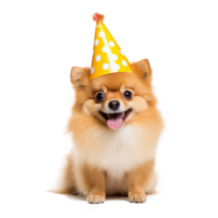 Fluffy dog with birthday cap isolated png