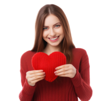 Lycklig ung kvinna vikt stickat hjärta i händer png