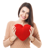 Happy young woman wigth knitted heart in hands png