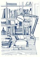 moderno interior hogar biblioteca, estantería, mano dibujado bosquejo ilustración. vector