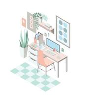 creativo moderno lugar de trabajo con mesa y diseñador computadora, isométrica vector ilustración.