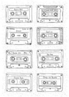 Set of plastic cassette, audio tape with different music. Hand drawn retro illustration. vector