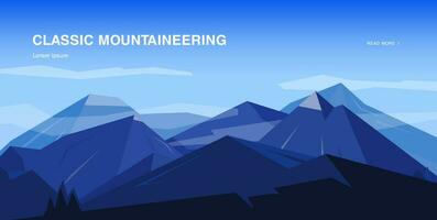 horizontal antecedentes con montañas. alpinismo vistoso ilustración, concepto con sitio para texto. bandera en dibujos animados, plano estilo. vector