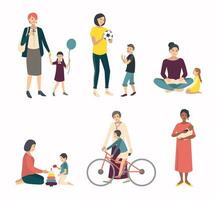 Mothers with children, baby. Set with various characters in games, walk, training. Colorful flat illustrations. vector