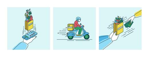 Food delivery concept. Lineart Illustration set in flat style. vector