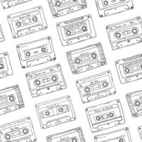 Seamless pattern, plastic cassette, audio tape with different music. Hand drawn contour background, retro style. vector