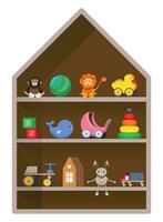 Kids shop, shelf with toys. Colorful childish illustration. vector