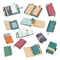 Notebook, notepad, planner, organizer, sketchbook hand drawn set. Collection of colorful illustrations. vector