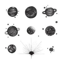 Set of various isolated solar system planets in vintage dotwork style. Hand drawn illustration on white background. vector